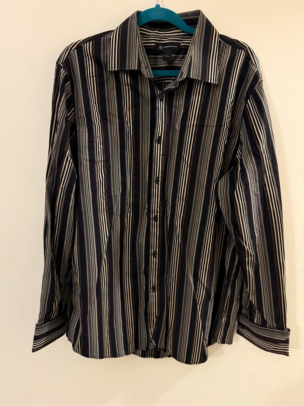 INC International Concepts Black and White Vertical Stripe Dress Shirt